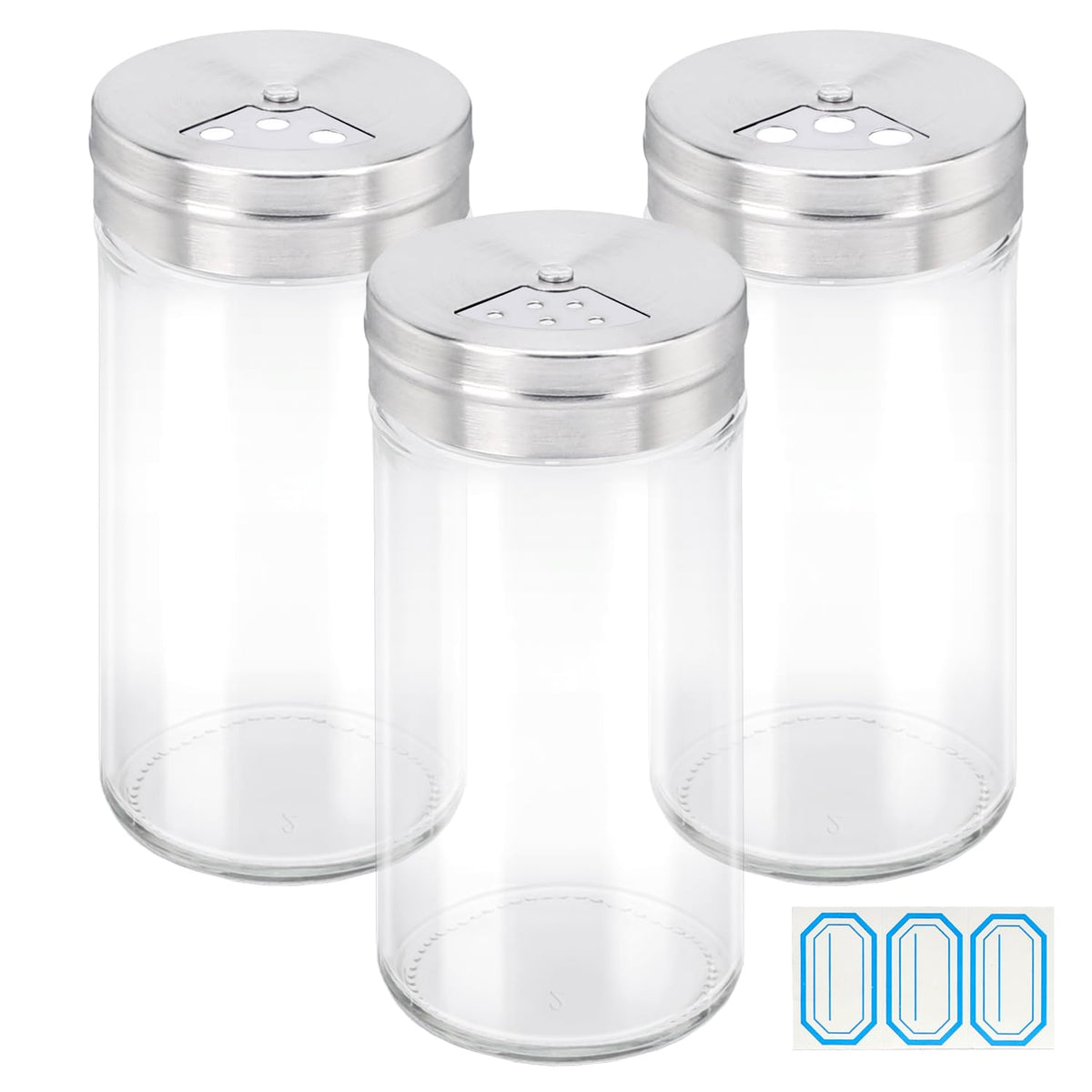 Segarty Spice Jars, 3 Pack 3 oz Spice Bottles with Shaker Lids, Glass Empty Seasoning Containers with Adjustable Pour Holes for Kitchen Spice Storage Stainless Steel Flow Top Salt and Pepper Shakers