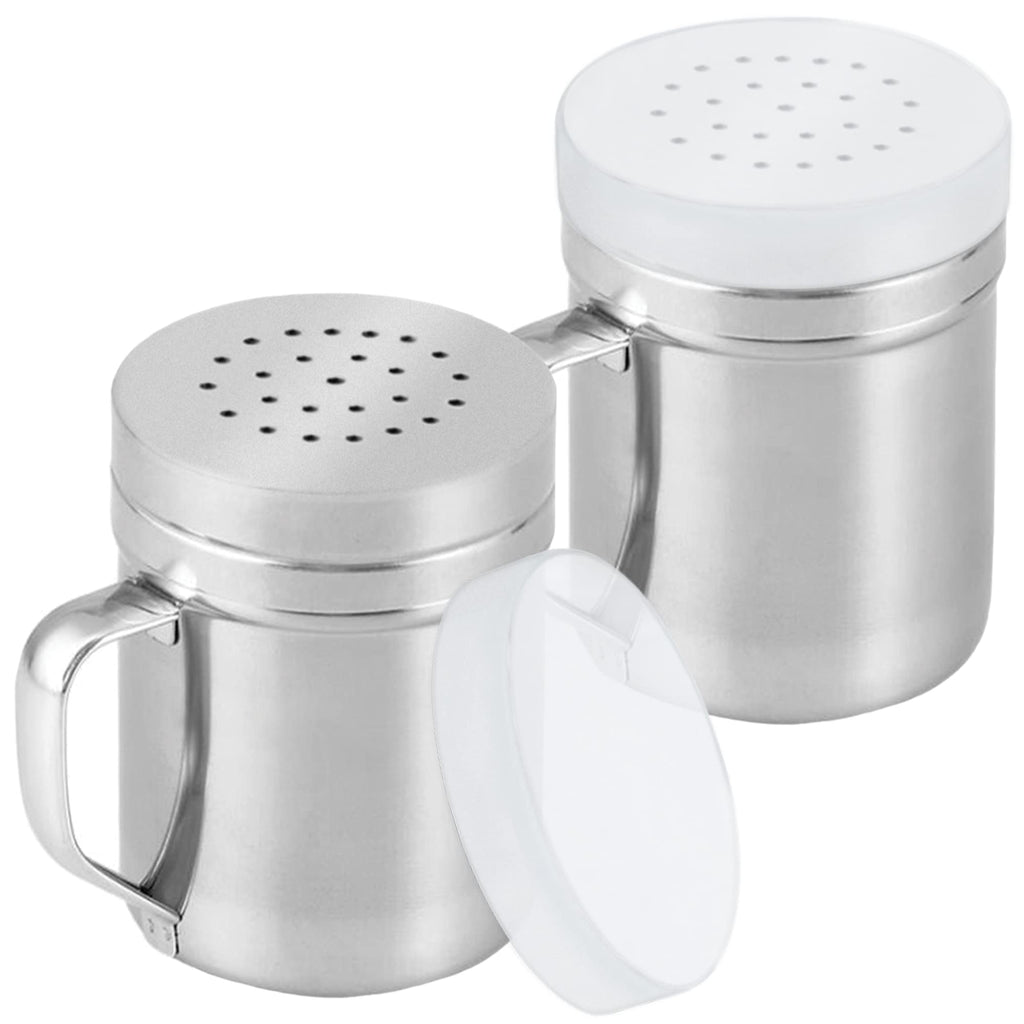 CUSINIUM Metal Salt Pepper Dredge Shakers - With Handle - Seasonings Spice Shakers With Holes and Lids - 10 Ounce, 2pcs | Style: Medium
