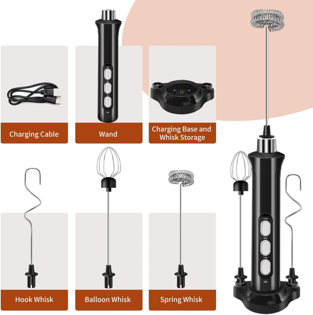Rechargeable Milk Frother Handheld 3 Speed Adjustable with 3 Detachable Stainless Whisks, Handheld Coffee Frother, Drink Mixer for Coffee, Matcha, Protein Shakes, with Charging Base and Whisk Storage