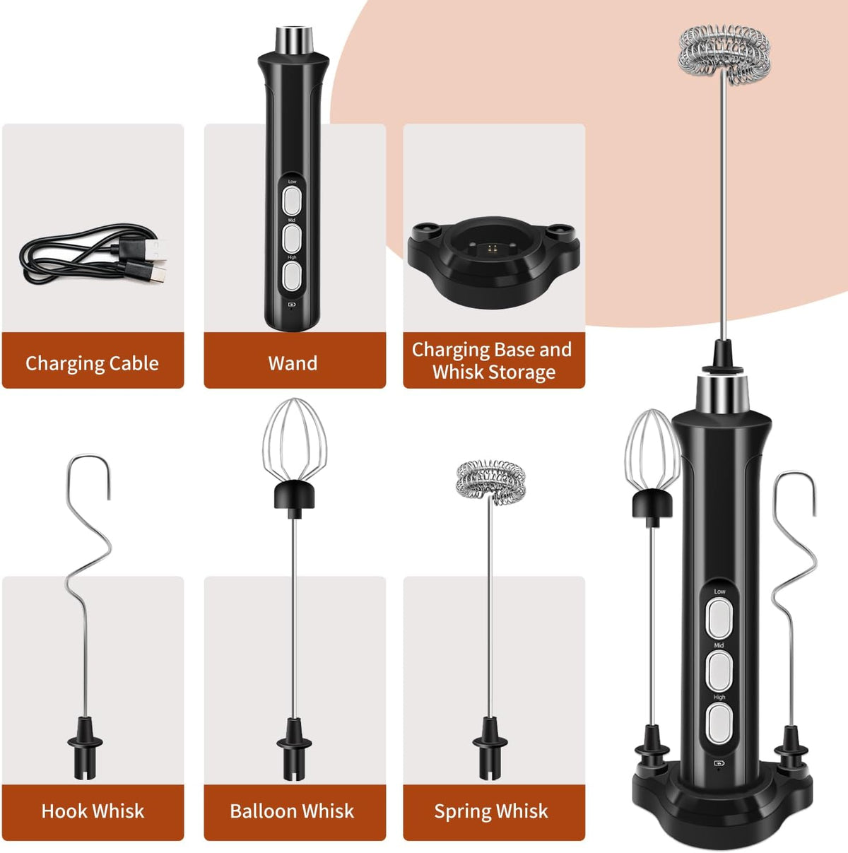 Rechargeable Milk Frother Handheld 3 Speed Adjustable with 3 Detachable Stainless Whisks, Handheld Coffee Frother, Drink Mixer for Coffee, Matcha, Protein Shakes, with Charging Base and Whisk Storage