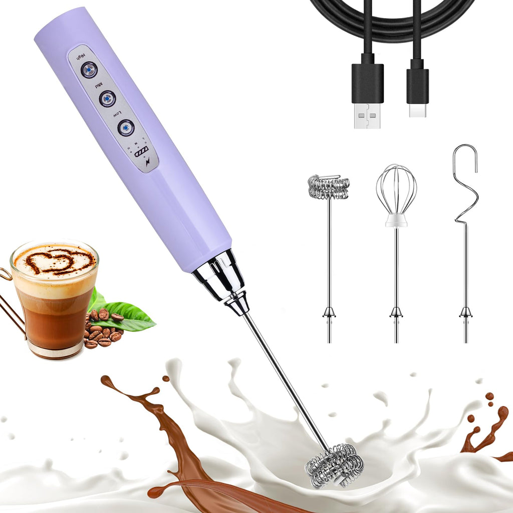 Nahida Black Milk Frother Wand for Coffee, Frother Handheld Rechargeable Electric Whisk Drink Mixer with 3 Heads 3 Speeds Coffee Frother Electric Stirrer For Latte, Cappuccino, Hot Chocolate