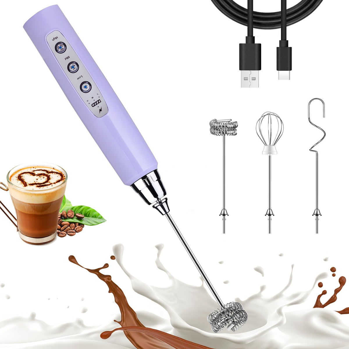 Nahida Black Milk Frother Wand for Coffee, Frother Handheld Rechargeable Electric Whisk Drink Mixer with 3 Heads 3 Speeds Coffee Frother Electric Stirrer For Latte, Cappuccino, Hot Chocolate