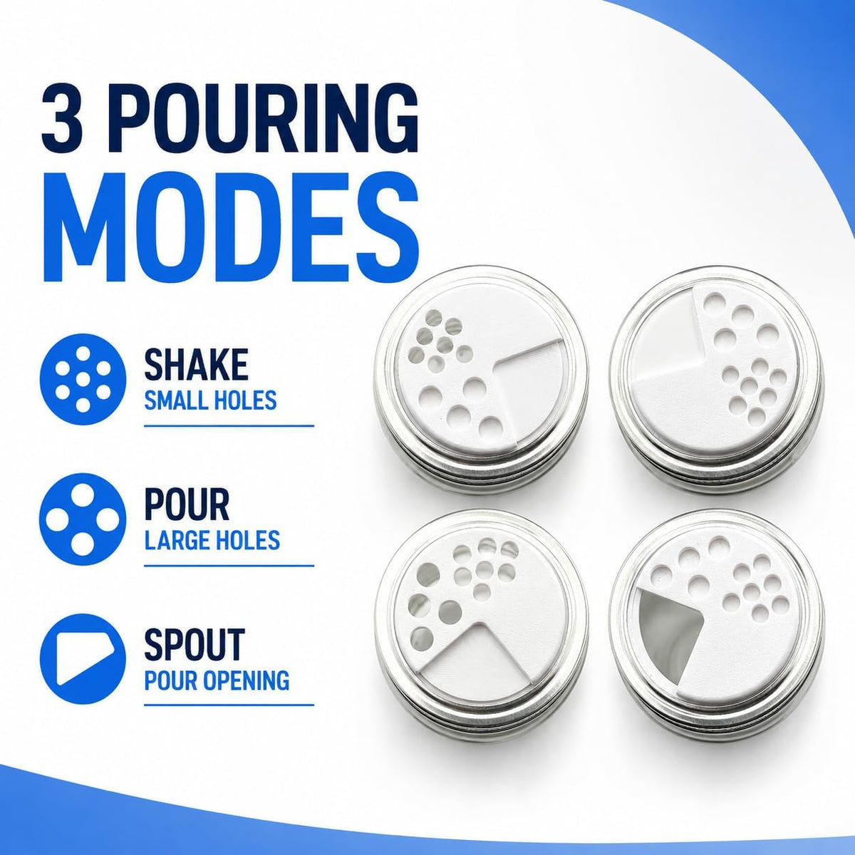Adjustable Spice Shaker Lids for Mason Jars | 4 Pack Plastic Seasoning Jar Lids with Shaker & Pour Options | Refillable Spice Dispenser Tops for Herbs, Salt & Pepper (Regular Mouth Lids)