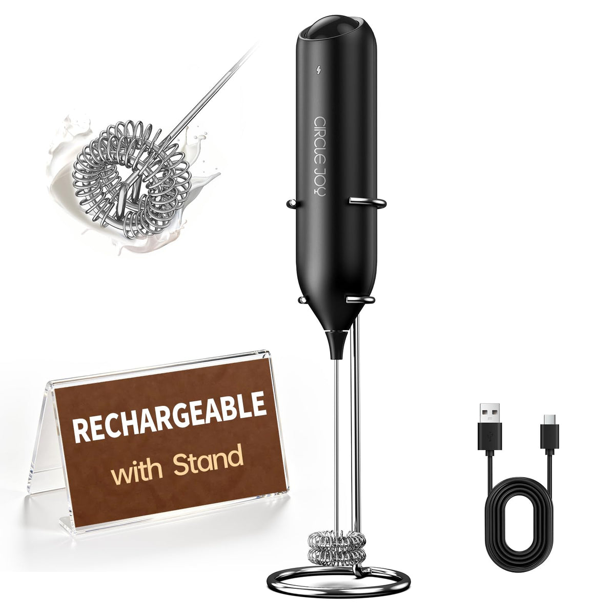 CIRCLE JOY Rechargeable Milk Frother Handheld with Stand, Dual Spring Whisk Head Electric Coffee Frother Foam Maker, Portable Drink Mixer for Cappuccino, Latte, Matcha, Black