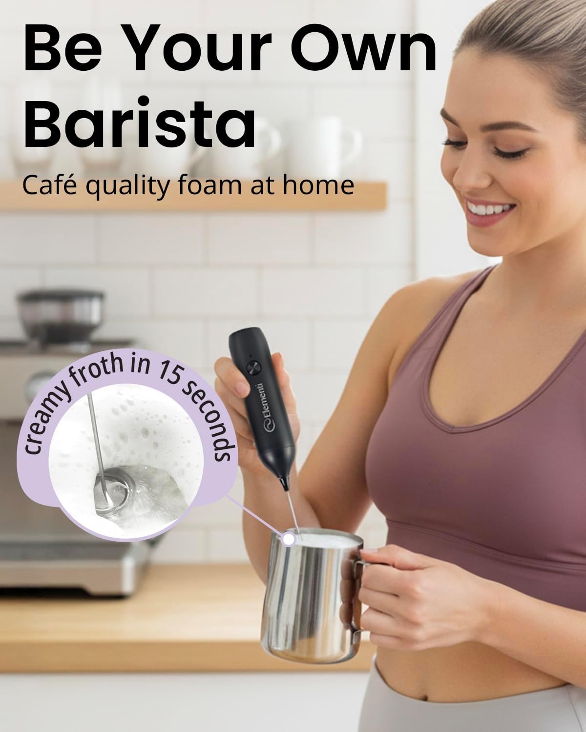 Elementi Rechargeable Milk Frother Wand & Drink Mixer Handheld - Powerful USB-C Rechargeable Frother - Hand Held Milk Foamer Whisk to Make Perfect Cappuccinos, Lattes & Drink Mixes (Mint Green)