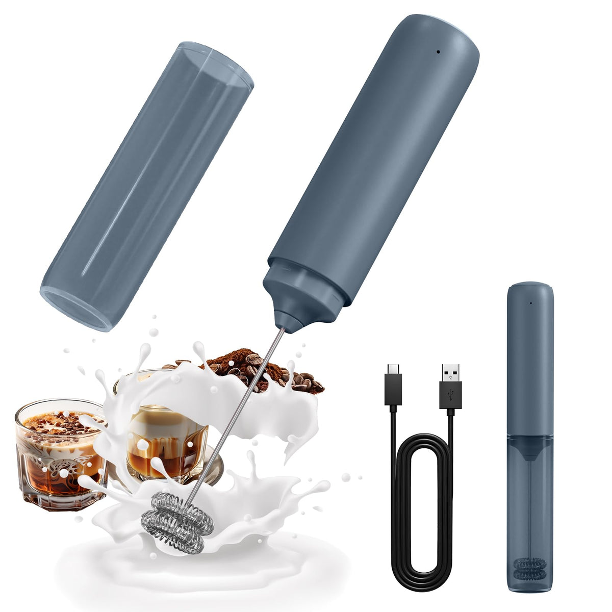 CIRCLE JOY Rechargeable Milk Frother Handheld, Dual Coil Whisk Head Electric Coffee Frother, Portable Hand Frother Wand Drink Mixer for Matcha Lattes Cappuccino, Kitchen Gifts, Black