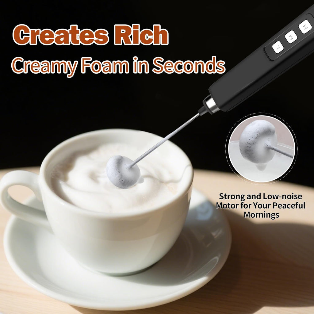 Rechargeable Milk Frother Handheld with 3 Detachable Stainless Whisks, 3 Speed Adjustable Drink Mixer, Mini Frother Wand for Coffee, Matcha, Protein Shakes, with Charging Base and Whisk Storage