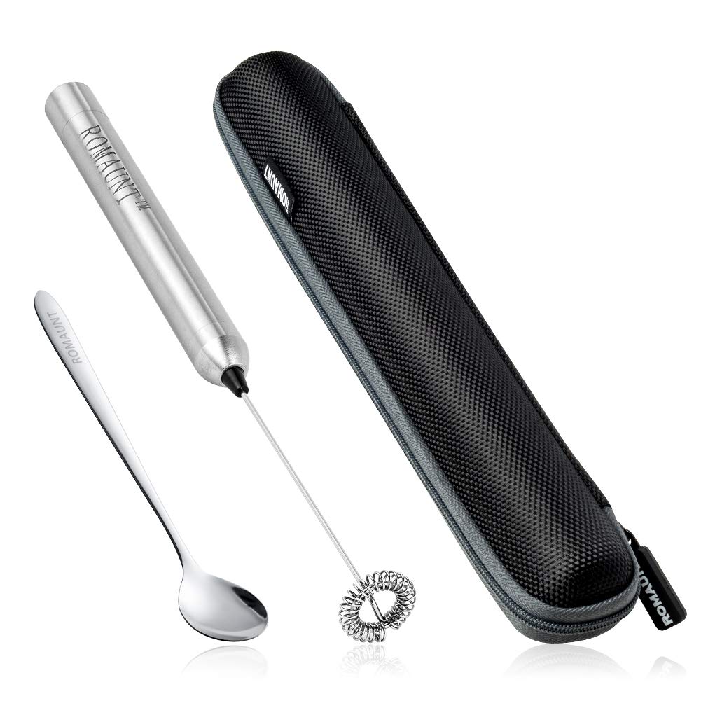 Handheld Milk Frother, ROMAUNT Battery Operated Electric HandHeld Portable Mini Mixer Machine Foam Coffee Maker for Latte Cappuccino Milk Foamer 304 Stainless Steel Whisk