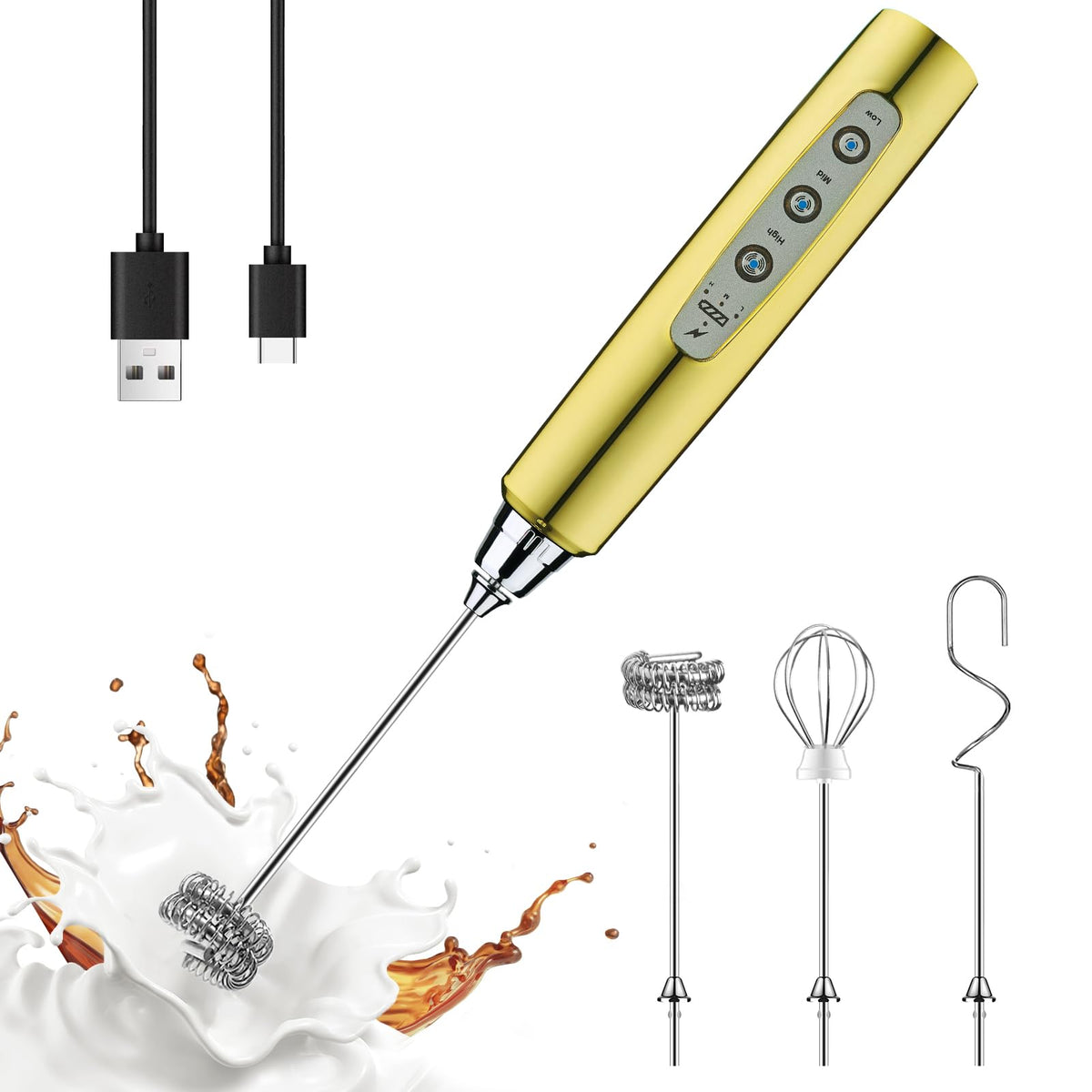 YUSWKO Handheld Milk Frother Wand for Coffee, Rechargeable Electric Whisk
