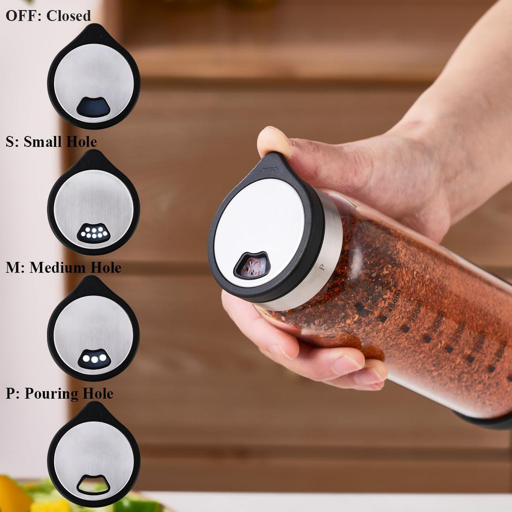 16 oz Salt & Pepper Shaker, 4 Settings, S/M/Pour/OFF, Adjustable Rotary Lid