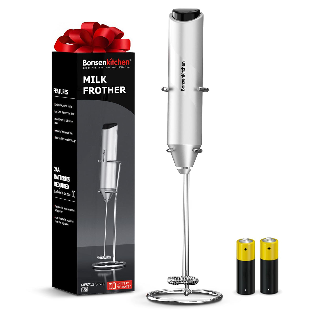 Bonsenkitchen Milk Frother for Coffee, Battery Operated, Black