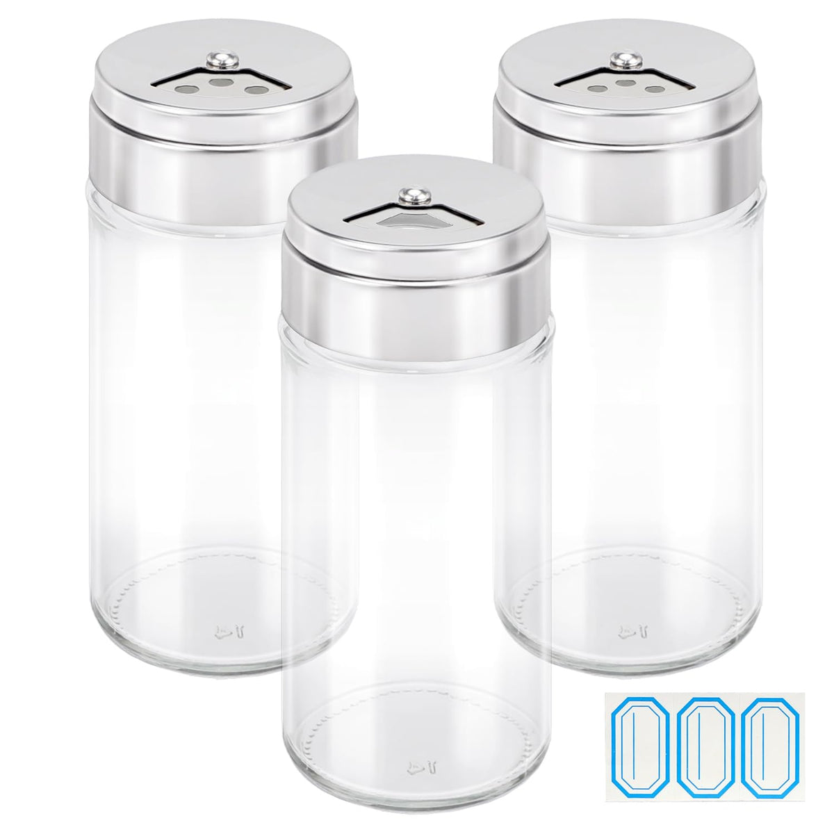 Segarty Spice Jars, 3 Pack 3 oz Spice Bottles with Shaker Lids, Glass Empty Seasoning Containers with Adjustable Pour Holes for Kitchen Spice Storage Stainless Steel Flow Top Salt and Pepper Shakers