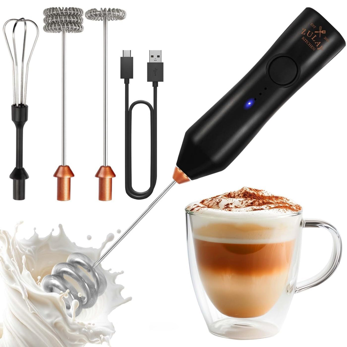 Zulay Kitchen Rechargeable Milk Frother Handheld - Frother Wand, Drink Mixer, Electric Whisk Frother, for Cappuccinos, Matcha & Protein Powder - Dynamic 3 Whisk, 3 Speed 500mAh Black
