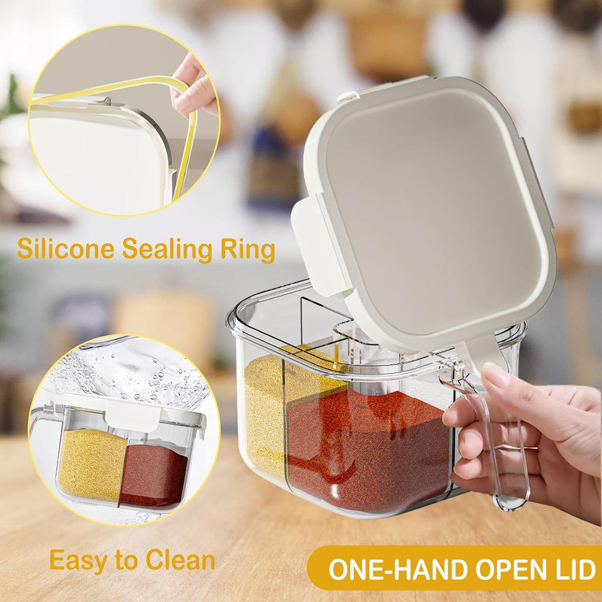 4-Compartment Clear Seasoning Box with Lids and Spoons, Airtight Condiment Organizer, Kitchen Spice Container Set for Salt, Sugar, Pepper (Transparent)