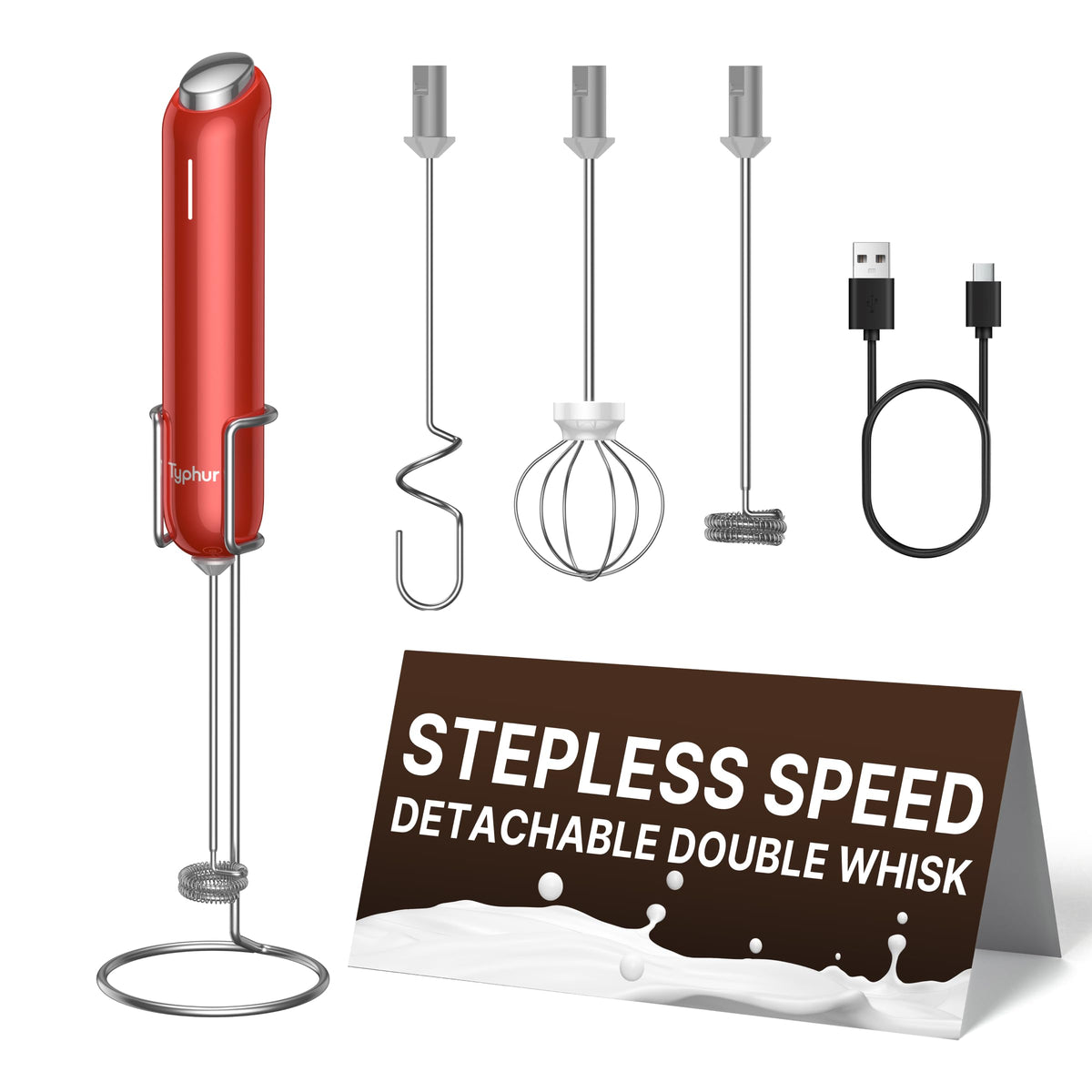 InstaWhisk Milk Frother with Variable Speed, Rechargeable Coffee Frother Wand with Detachable Double Whisk, Drink Mixer Handheld Electric Stirrer for Latte, Cappuccino, Matcha, Almond Milk, Protein