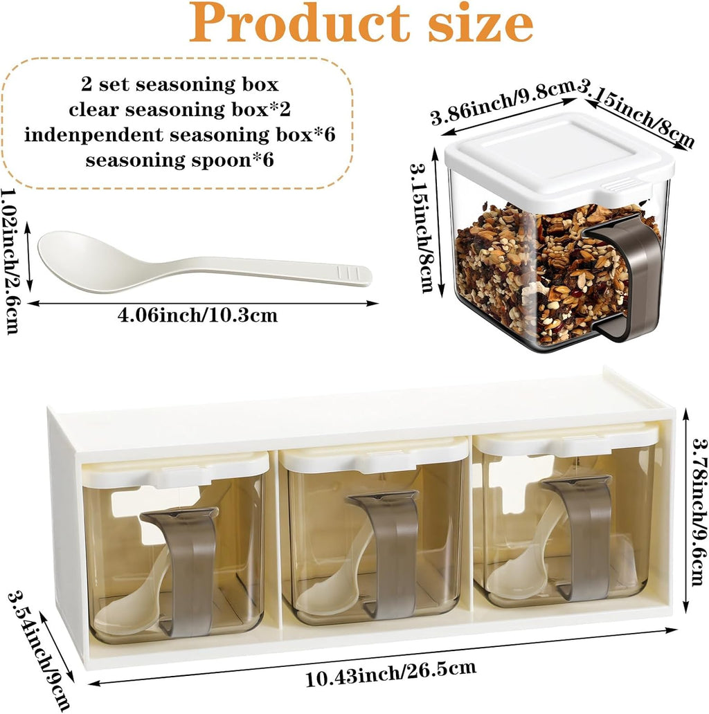 2 Pack 3 Grids Clear Seasoning Box with Handle and Spoon, Stackable Seasoning Storage Container Rack Combo Set with Removable Cruet Jars for Spice Salt Sugar, Pepper