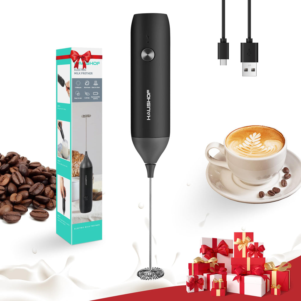 HAUSHOF Handheld Rechargeable Milk Frother Wand, Electric Coffee Mixer