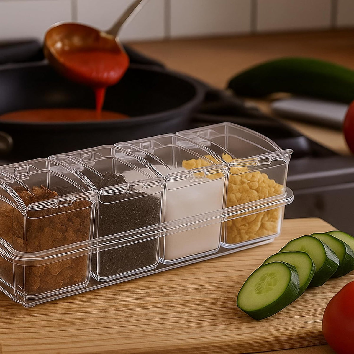Clear Seasoning Box, 4 Pieces Seasoning Rack Spice Pots with Lids and Spoons, Toppings Containers, Acrylic Seasoning Box for Salt Spice, Pepper, Sugar, Cardamon, Cinnamon
