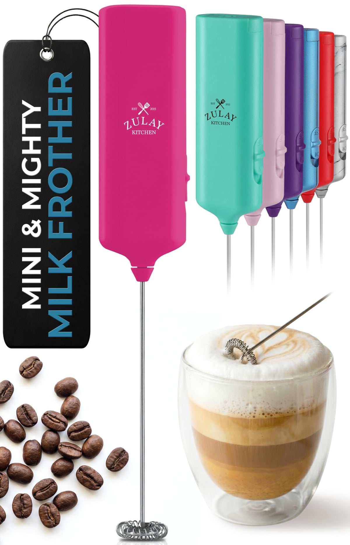 Zulay Rechargeable Milk Frother – 3-in-1 Handheld Frother Wand with Travel Case & USB-C Charger – Single, Double & Egg Whisk for Latte, Cappuccino, Matcha, Protein Shakes - Froth N Go Deep Black