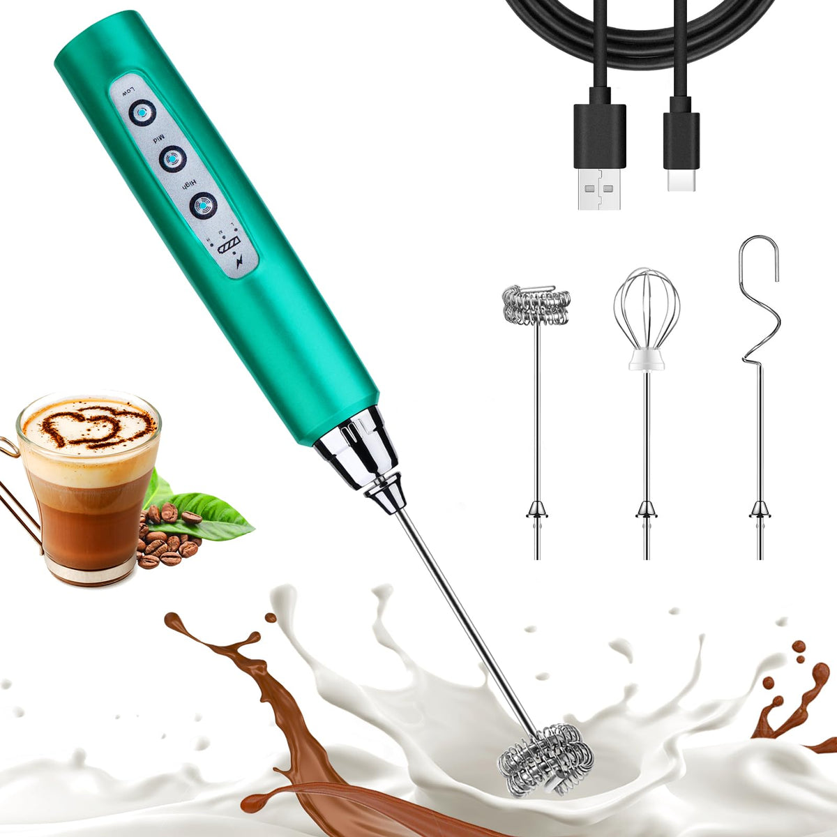 Nahida Black Milk Frother Wand for Coffee, Frother Handheld Rechargeable Electric Whisk Drink Mixer with 3 Heads 3 Speeds Coffee Frother Electric Stirrer For Latte, Cappuccino, Hot Chocolate