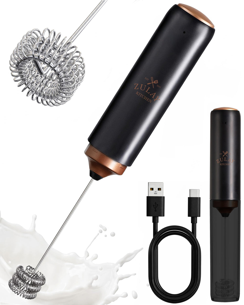 Zulay Kitchen Milk Frother Handheld - Mini Frother Wand, Milk Mixer, Drink Whisk for Coffee, Matcha Essentials & More, Stick Frother for Protein Shakes, Froster Mixer - AA Batteries Included - Black