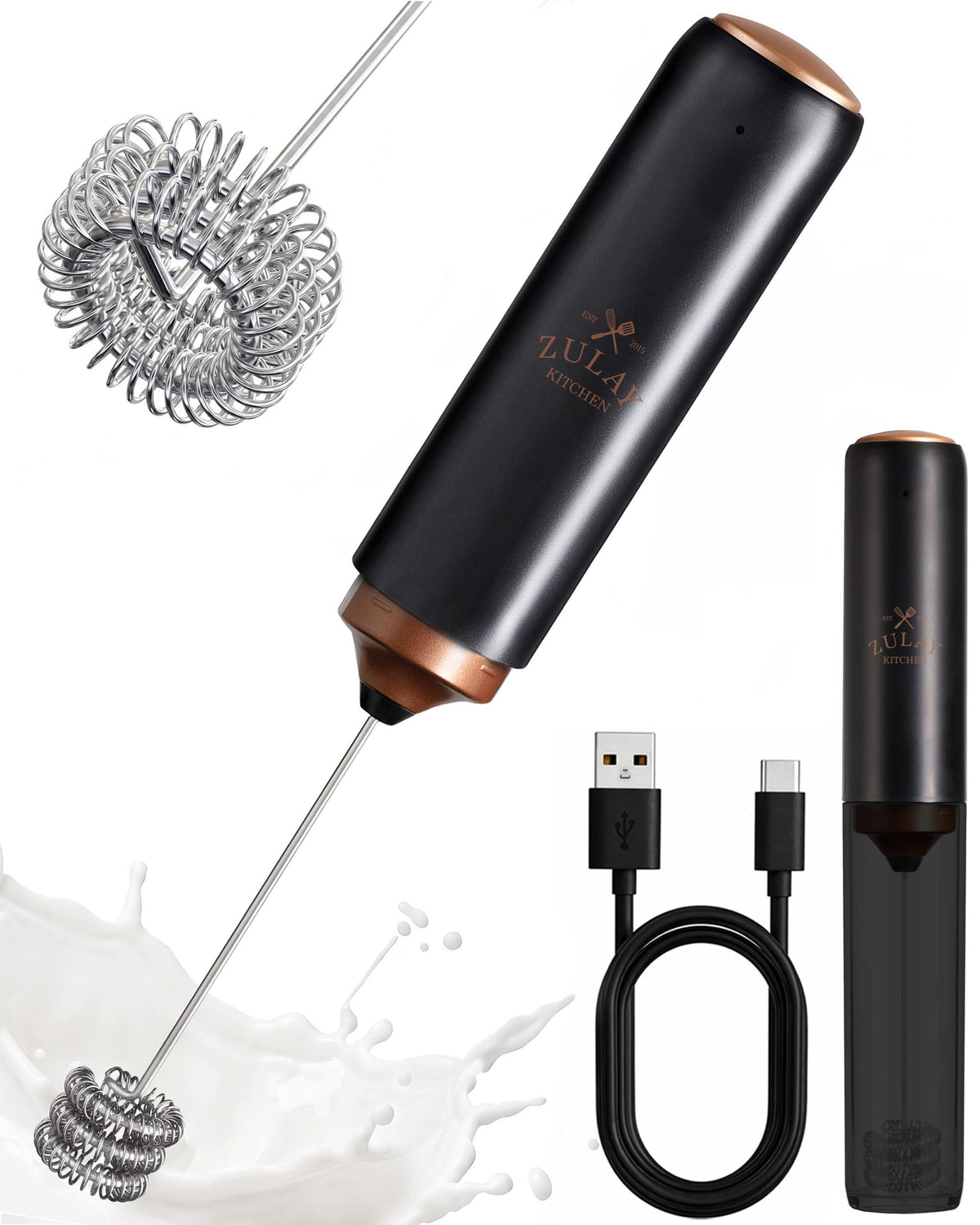 Zulay Kitchen Milk Frother Handheld Electric Whisk – Frother Wand, Durable Drink Mixer, Coffee Frother, Hand Blender, Frother for Protein Powder, Matcha & More - Black