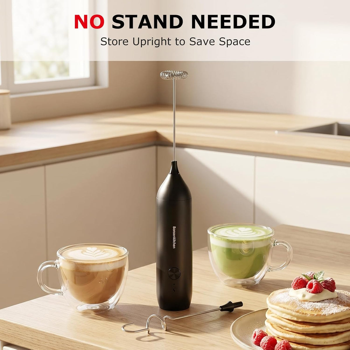 Bonsenkitchen Rechargeable Milk Frother Handheld, Charging USB-C