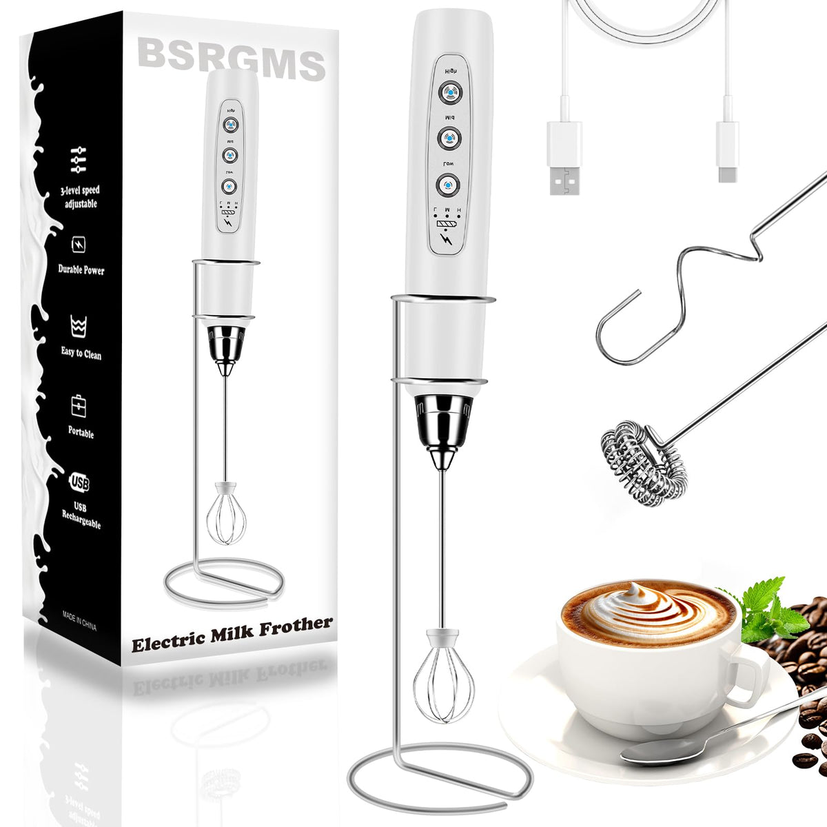 Milk Frother Wand Rechargeable Handheld Whisk Coffee 3 Speed Adjustable