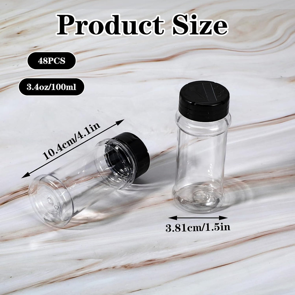 48 Pack Clear Plastic Spice Jars with Label and Shaker Lids Empty Spice Bottles Seasoning Containers Seasoning Jars Shaker Condiment Pots for Pepper Powders 3.4 oz