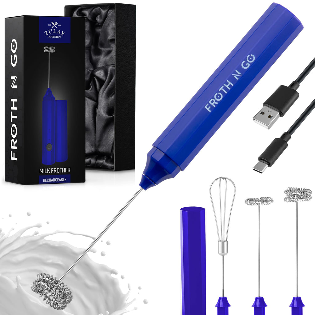 Zulay Rechargeable Milk Frother – 3-in-1 Handheld Frother Wand with Travel Case & USB-C Charger – Single, Double & Egg Whisk for Latte, Cappuccino, Matcha, Protein Shakes - Froth N Go Deep Black