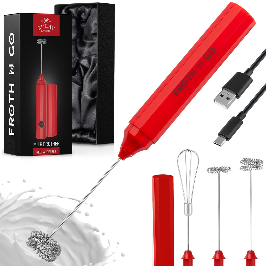 Zulay Rechargeable Milk Frother – 3-in-1 Handheld Frother Wand with Travel Case & USB-C Charger – Single, Double & Egg Whisk for Latte, Cappuccino, Matcha, Protein Shakes - Froth N Go Deep Black