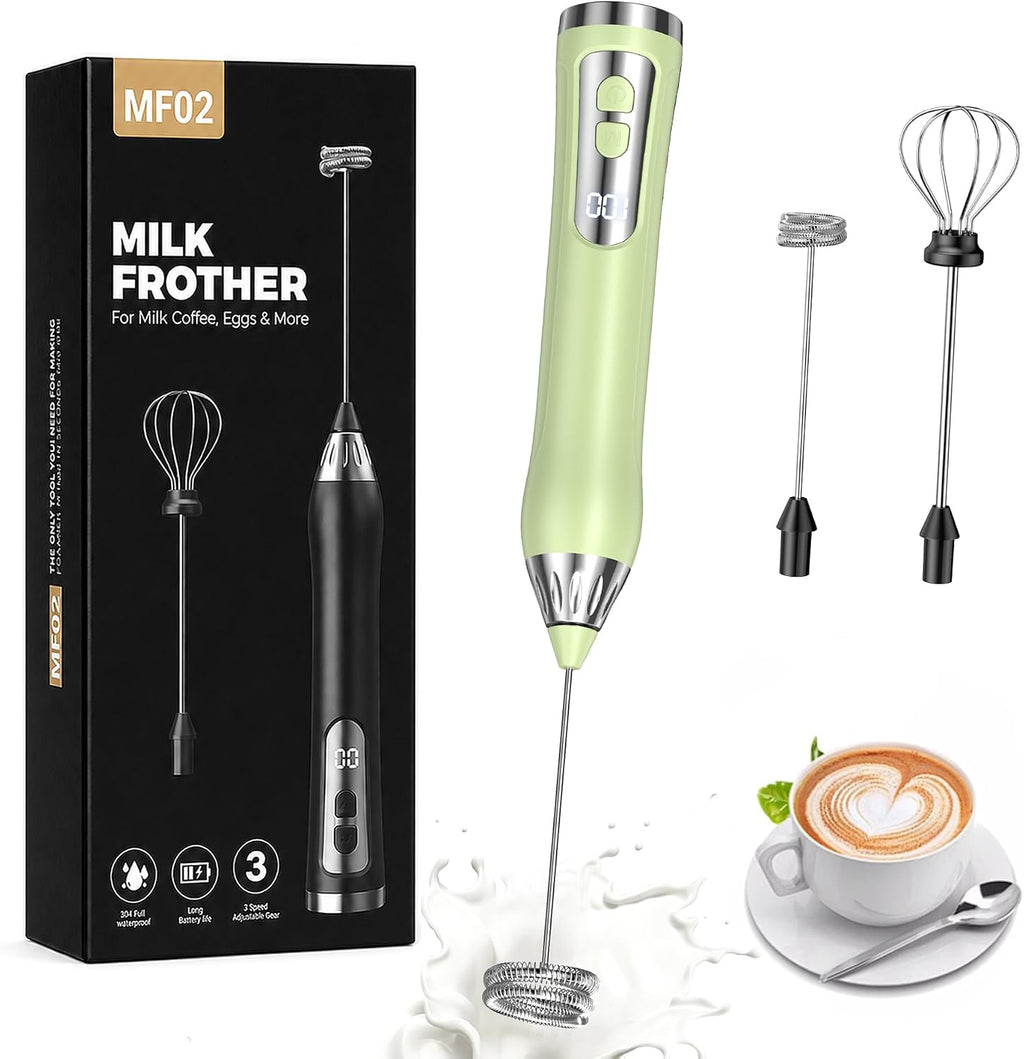 Rechargeable Milk Frother Handheld, IP67 Waterproof Coffee Frother with Digital Battery Display, 3-Speed Electric Milk Frother for Coffee, Latte, Cappuccino, Matcha, Protein Shakes & Eggs (Green)