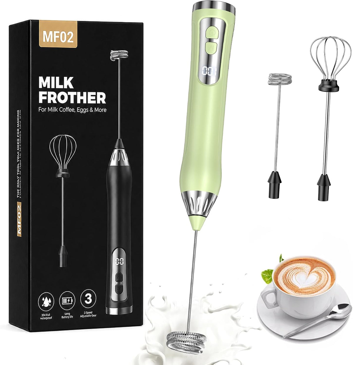 Rechargeable Milk Frother Handheld, IP67 Waterproof Coffee Frother with Digital Battery Display, 3-Speed Electric Milk Frother for Coffee, Latte, Cappuccino, Matcha, Protein Shakes & Eggs (Green)
