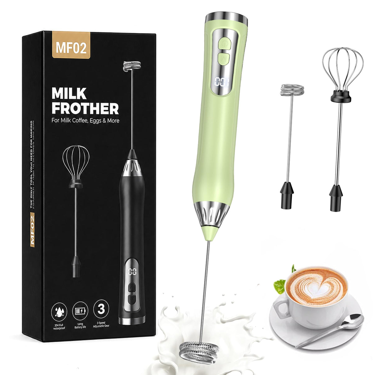 Rechargeable Milk Frother Handheld, IP67 Waterproof Coffee Frother with Digital Battery Display, 3-Speed Electric Milk Frother for Coffee, Latte, Cappuccino, Matcha, Protein Shakes & Eggs (Green)