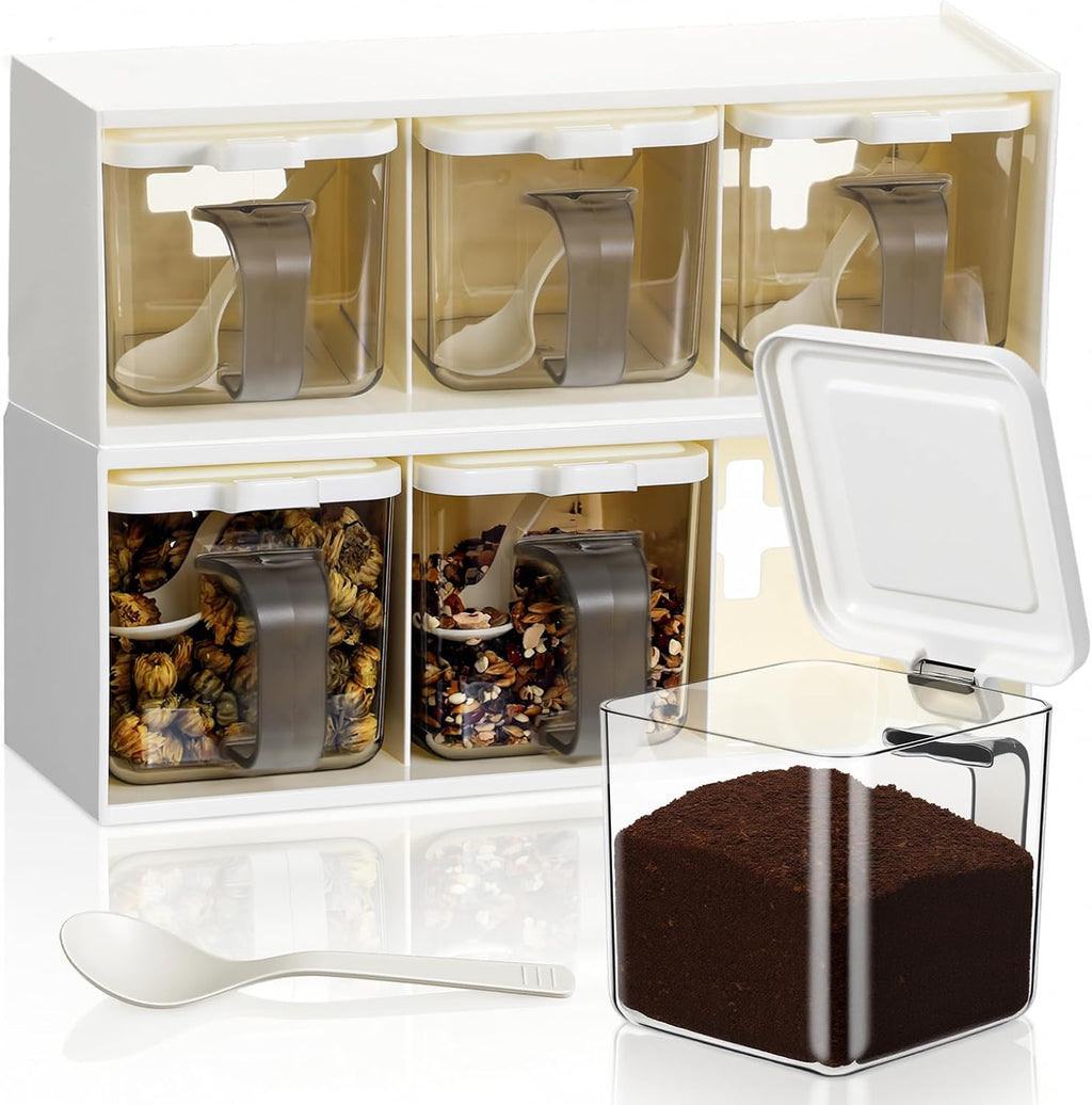 2 Pack 3 Grids Clear Seasoning Box with Handle and Spoon, Stackable Seasoning Storage Container Rack Combo Set with Removable Cruet Jars for Spice Salt Sugar, Pepper