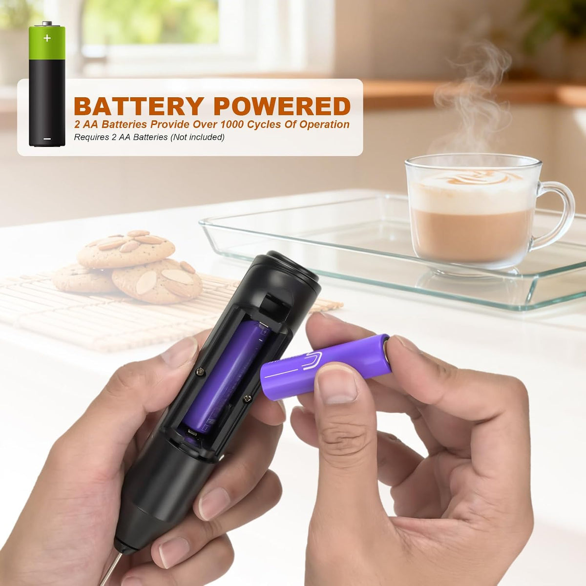 Handheld Milk Frother, Battery Operated Electric Foam Maker, Milk Frother Wand Drink Mixer with Stainless Steel Whisk for Coffee, Matcha, Lattes, Cappuccino (Black)