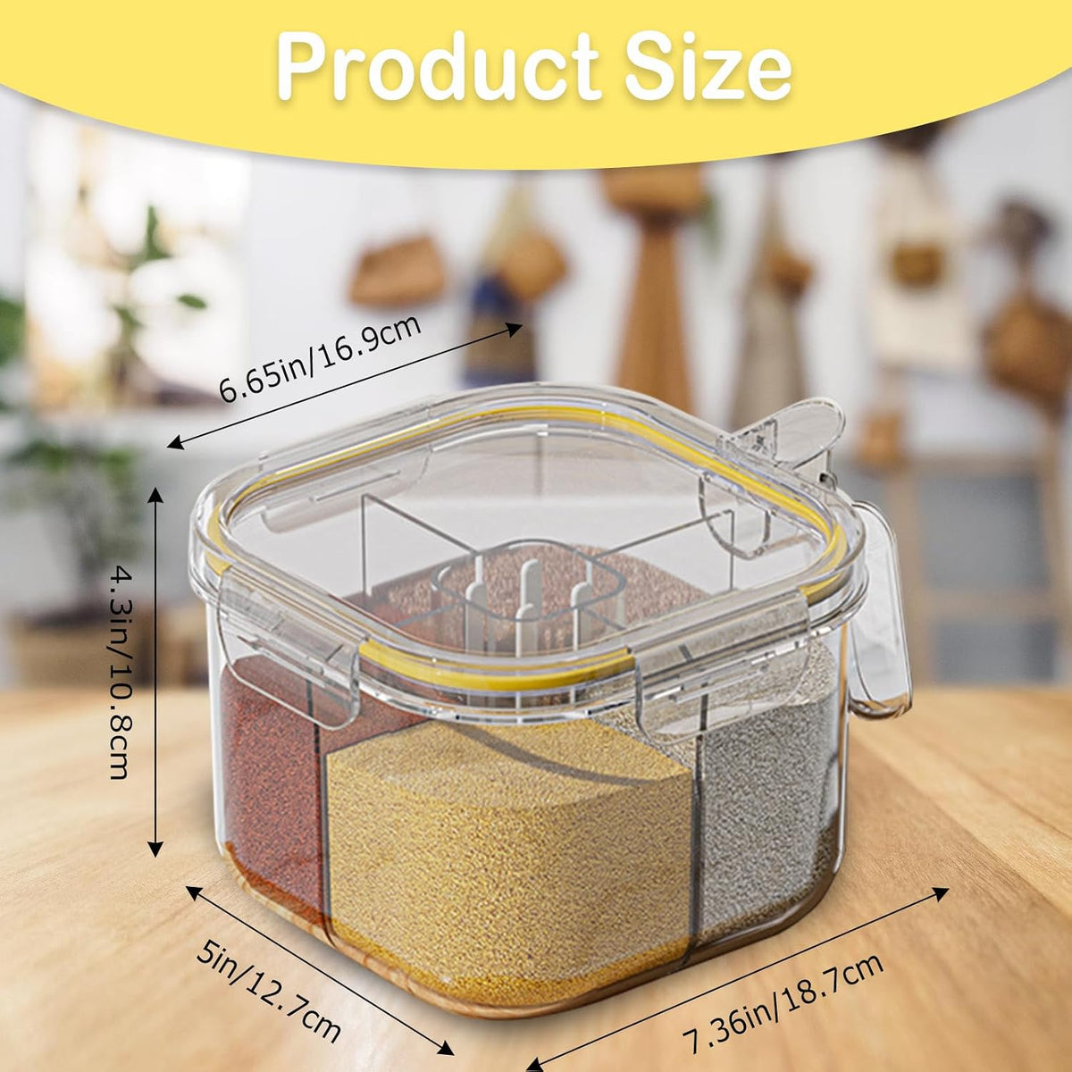 4-Compartment Clear Seasoning Box with Lids and Spoons, Airtight Condiment Organizer, Kitchen Spice Container Set for Salt, Sugar, Pepper (Transparent)