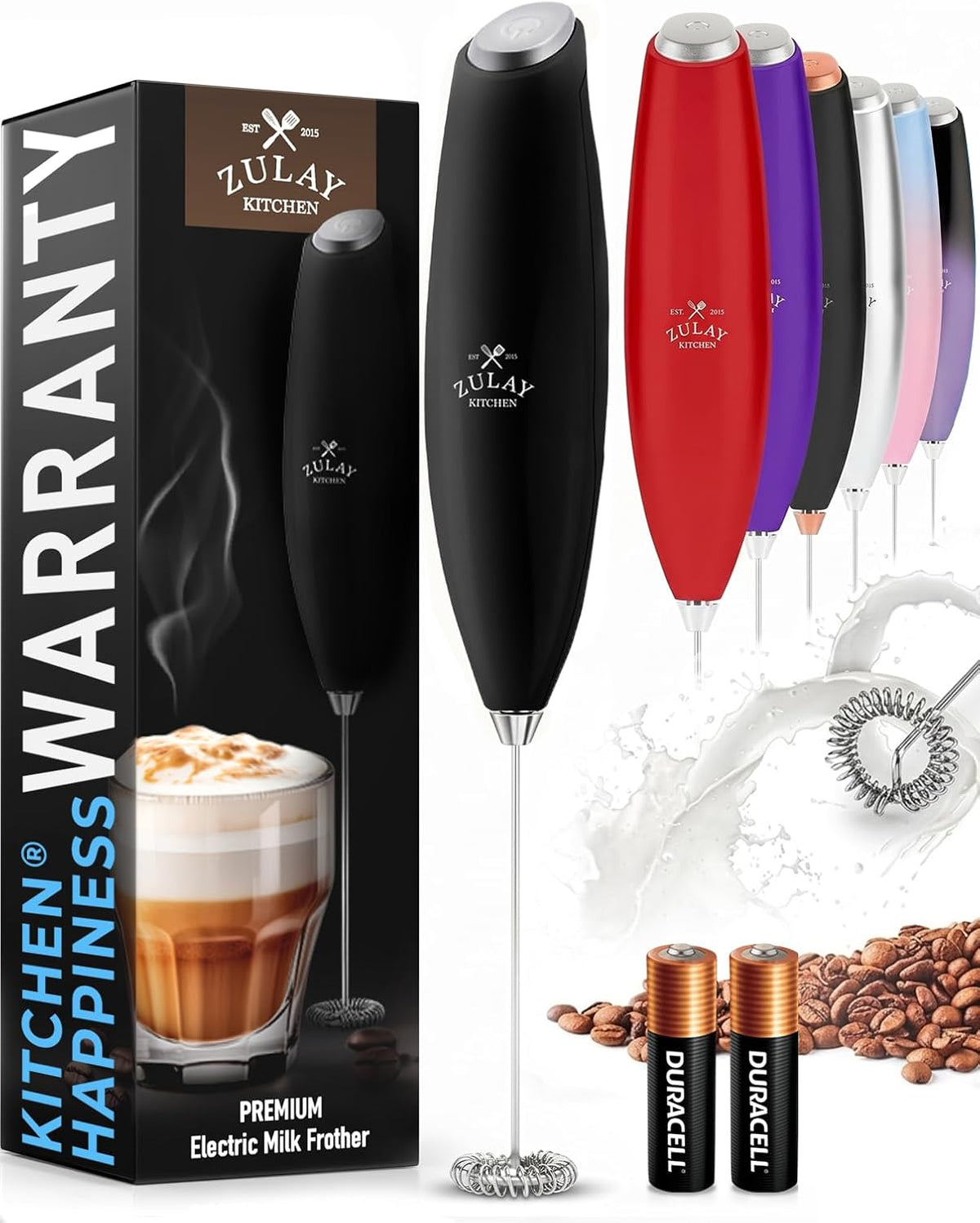 Zulay Kitchen Milk Frother Handheld Electric Whisk – Frother Wand, Durable Drink Mixer, Coffee Frother, Hand Blender, Frother for Protein Powder, Matcha & More - Black