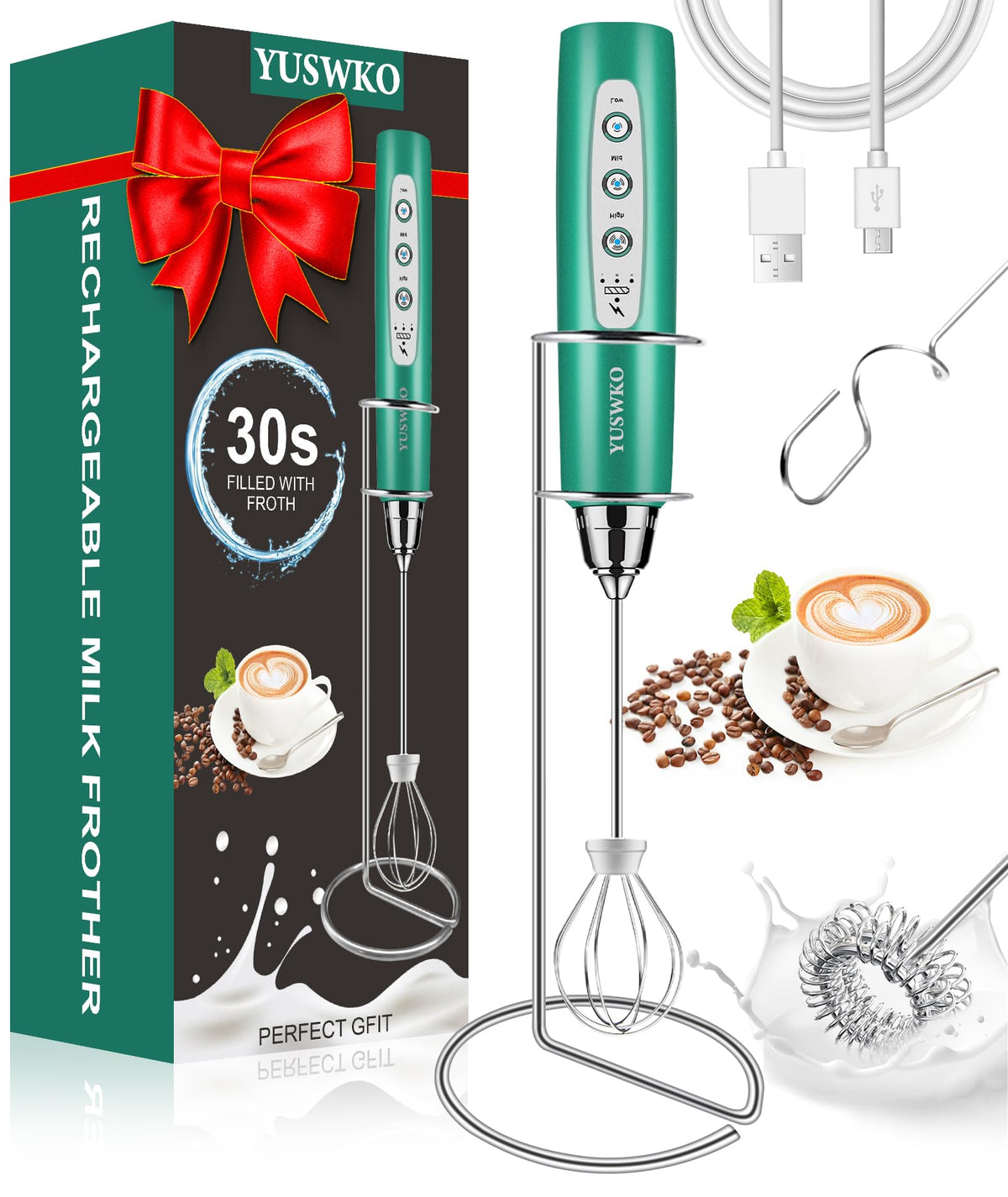 YUSWKO Handheld Milk Frother Wand for Coffee, Rechargeable Electric Whisk