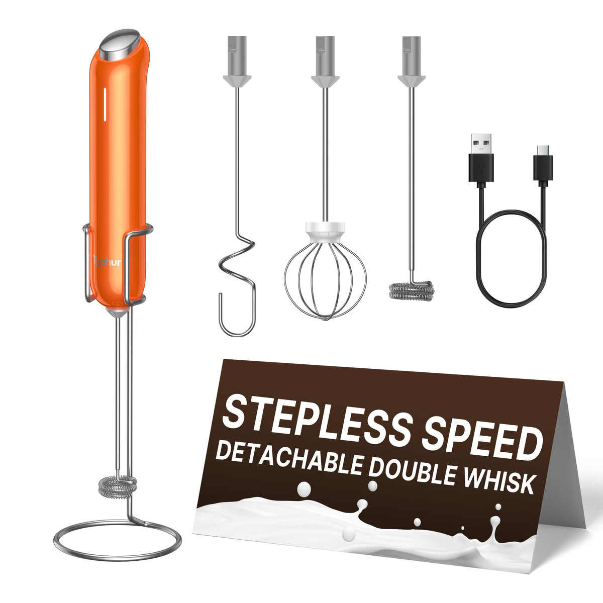 InstaWhisk Milk Frother with Variable Speed, Rechargeable Coffee Frother Wand with Detachable Double Whisk, Drink Mixer Handheld Electric Stirrer for Latte, Cappuccino, Matcha, Almond Milk, Protein