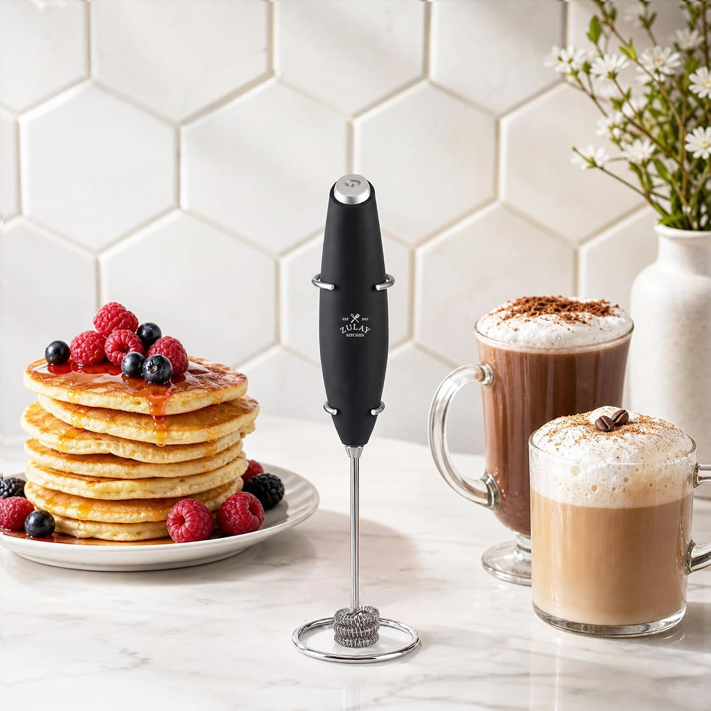 Zulay Kitchen Powerful Milk Frother Wand With Duracell Batteries - Ultra Fast Handheld Drink Mixer - Electric Whisk Foam Maker for Coffee, Lattes, Cappuccino & Matcha - Triple Whisk - Black