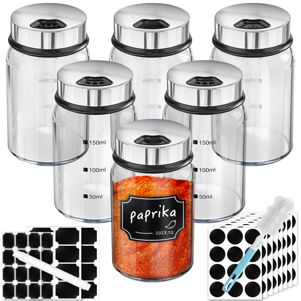 Segarty Spice Jars, 3 Pack 3 oz Spice Bottles with Shaker Lids, Glass Empty Seasoning Containers with Adjustable Pour Holes for Kitchen Spice Storage Stainless Steel Flow Top Salt and Pepper Shakers