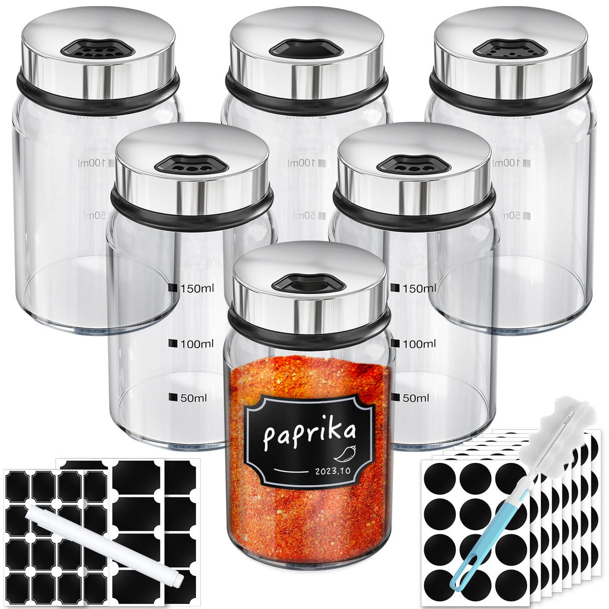 Segarty Spice Jars, 3 Pack 3 oz Spice Bottles with Shaker Lids, Glass Empty Seasoning Containers with Adjustable Pour Holes for Kitchen Spice Storage Stainless Steel Flow Top Salt and Pepper Shakers
