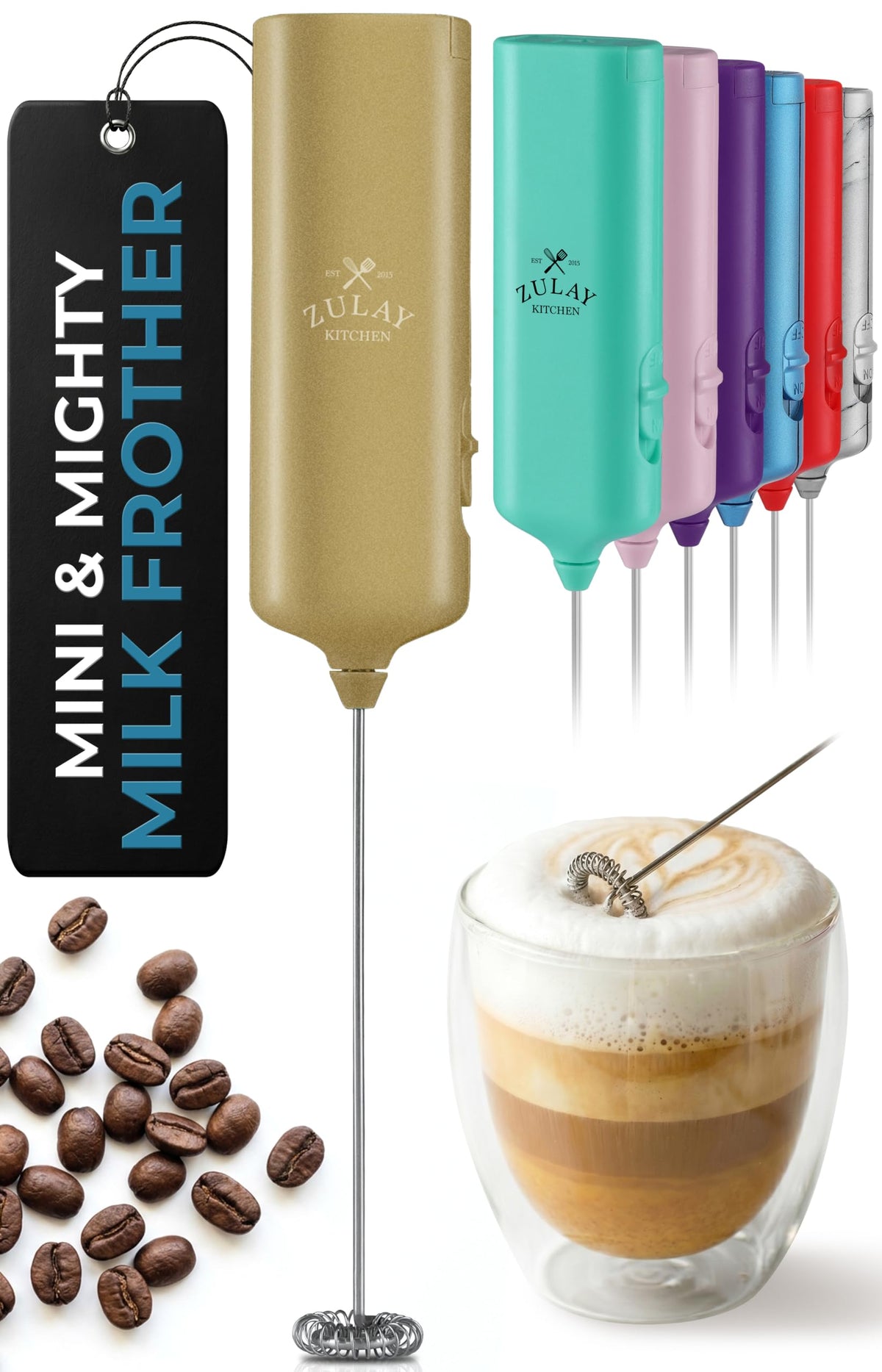 Zulay Rechargeable Milk Frother – 3-in-1 Handheld Frother Wand with Travel Case & USB-C Charger – Single, Double & Egg Whisk for Latte, Cappuccino, Matcha, Protein Shakes - Froth N Go Deep Black