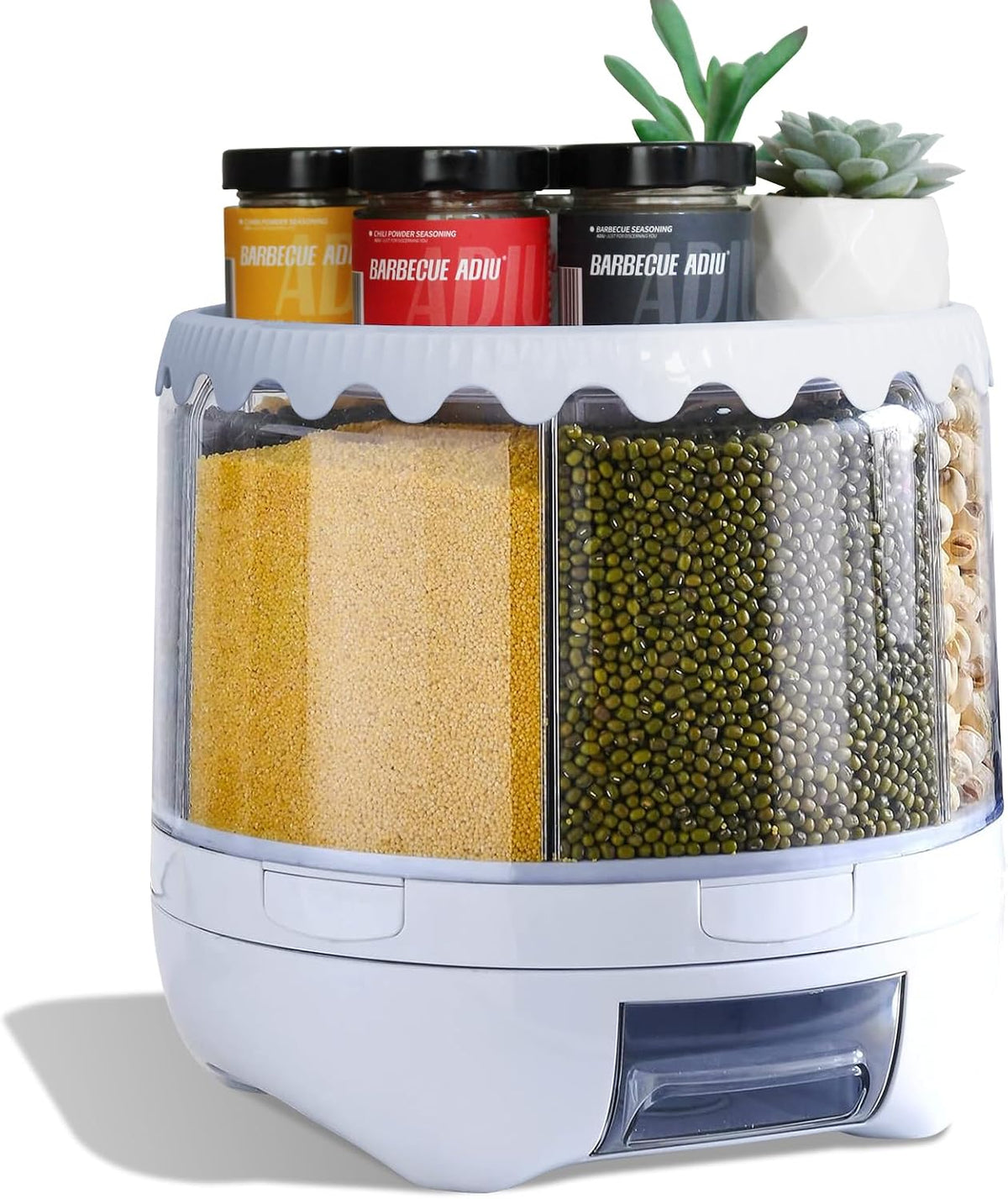 Grain Dispenser, 360° Rotating Grain Storage, 6 Grid Food Dispenser