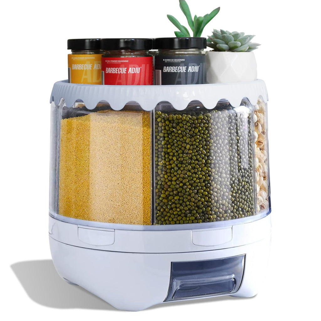 Grain Dispenser, 360° Rotating Grain Storage, 6 Grid Food Dispenser