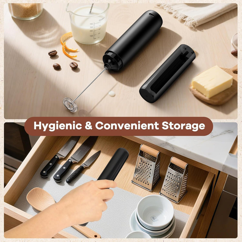 Rechargeable Milk Frother, Handheld Coffee Frother Wand Drink Mixer with Cover, Electric Whisk Coffee Mixer for Matcha Lattes Cappuccino Hot Chocolate