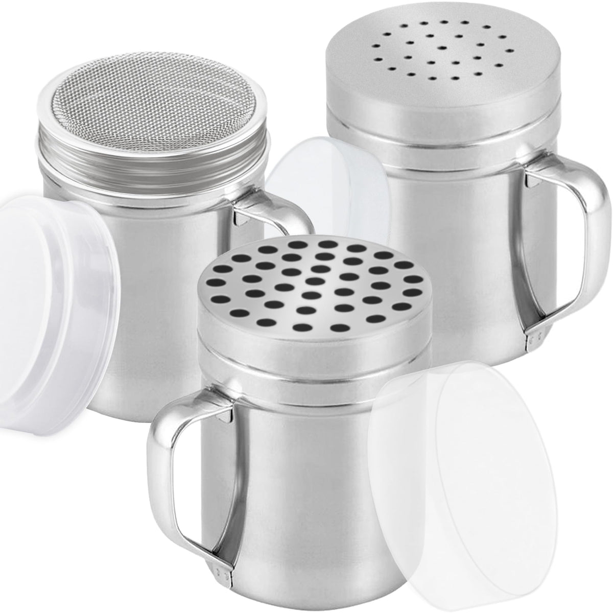 CUSINIUM [Set of 3] 10oz Stainless Steel Dredges With Handle - Fine Mesh + Medium Holes + Large Holes (For Coarse Seasonings)