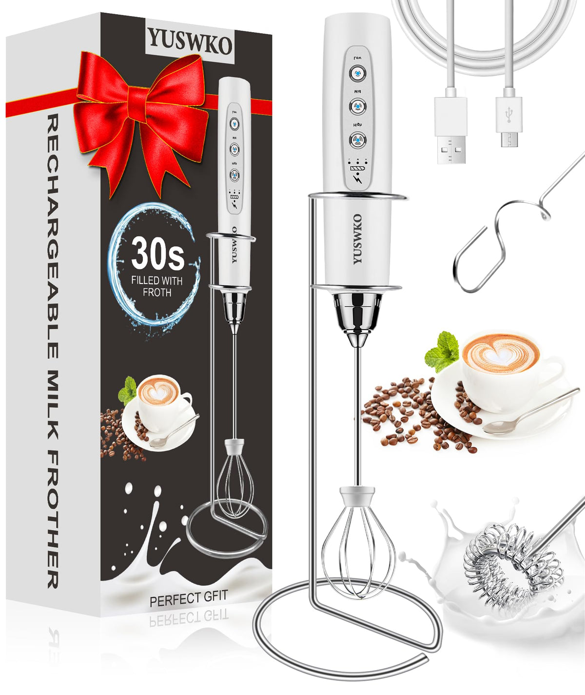 YUSWKO Handheld Milk Frother Wand for Coffee, Rechargeable Electric Whisk