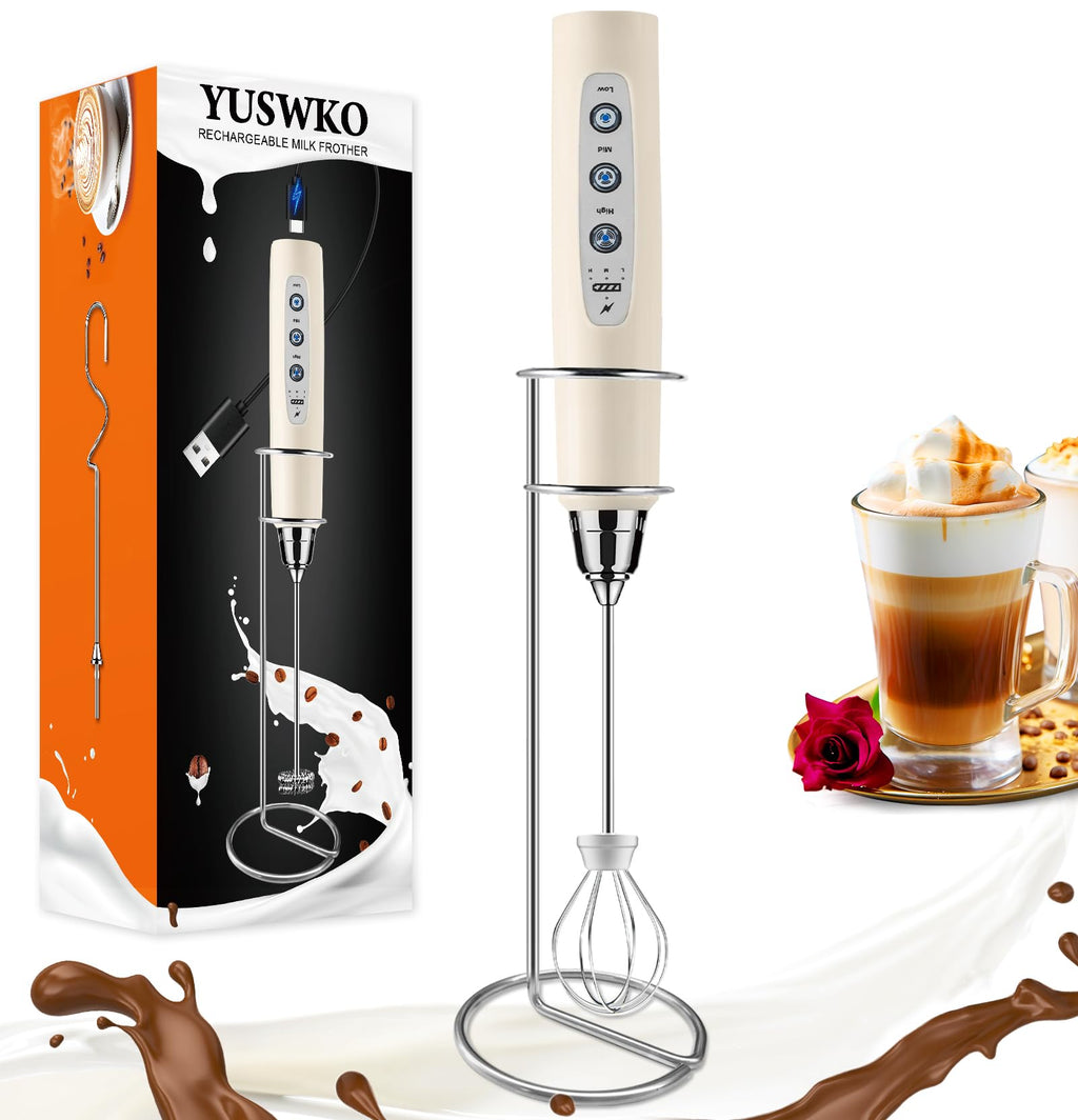 YUSWKO Handheld Milk Frother Wand for Coffee, Rechargeable Electric Whisk